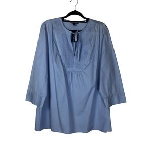 NEW Lands End Womens Pleated‎ Bow Front V-Neck Blouse XL Blue Academia Career